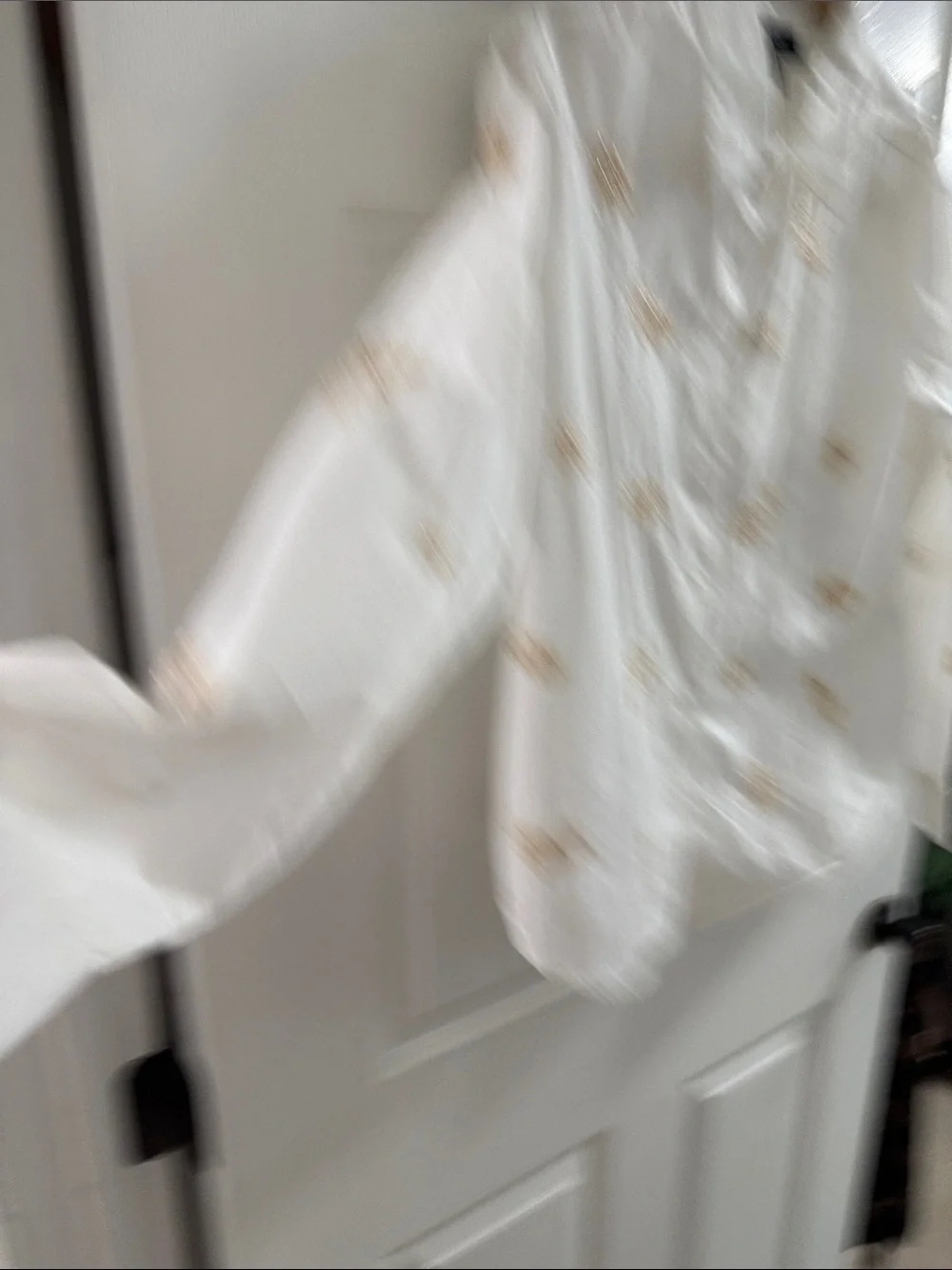 Karen Kane White Button-Down Shirt with Beige Floral Embroidery